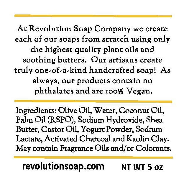 Soap packaging label showing ingredients, vegan note, and net weight 5 oz