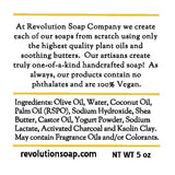Soap packaging label showing ingredients, vegan note, and net weight 5 oz